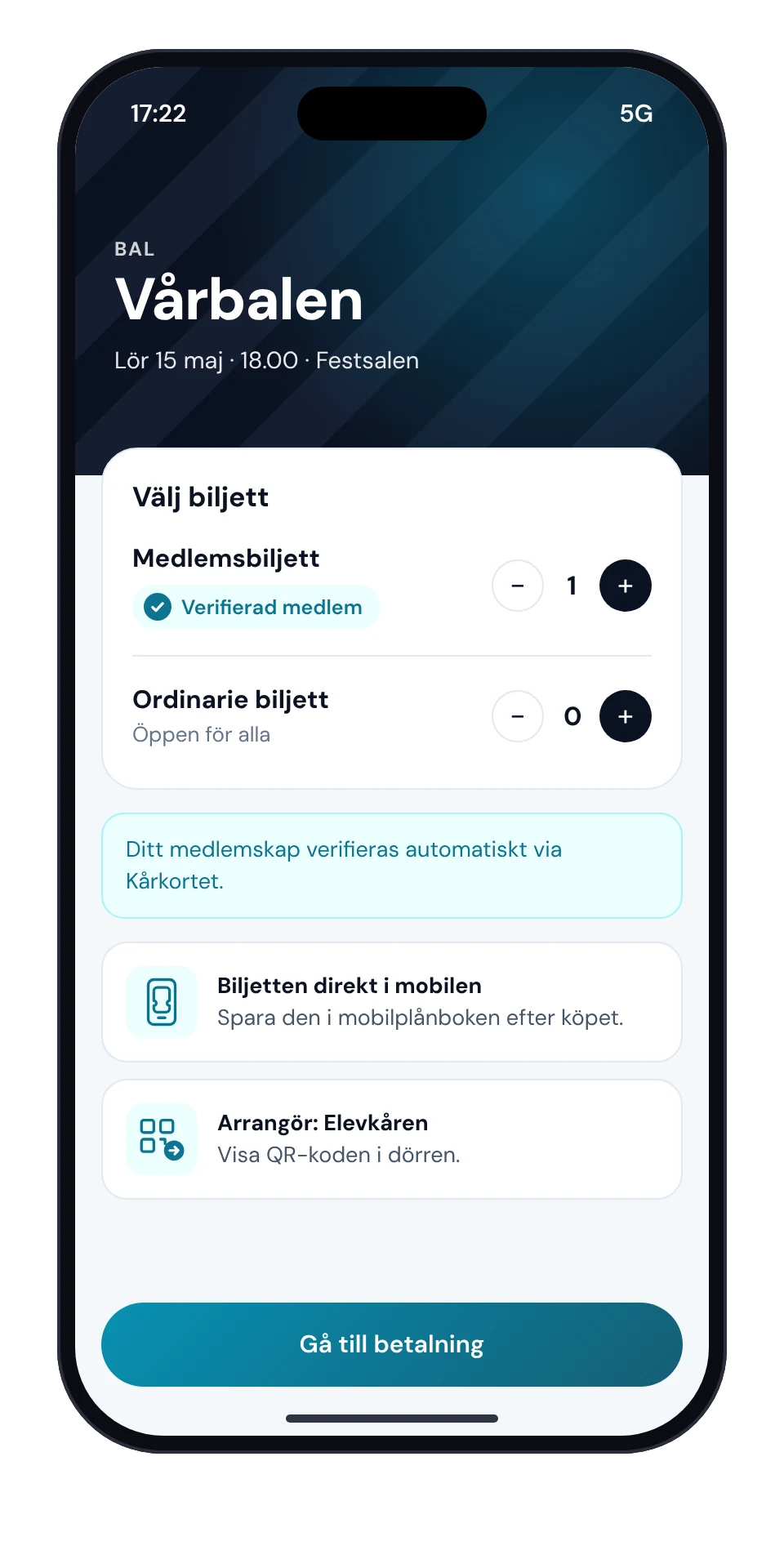 Köpvy för Vårbalen med medlemsbiljett