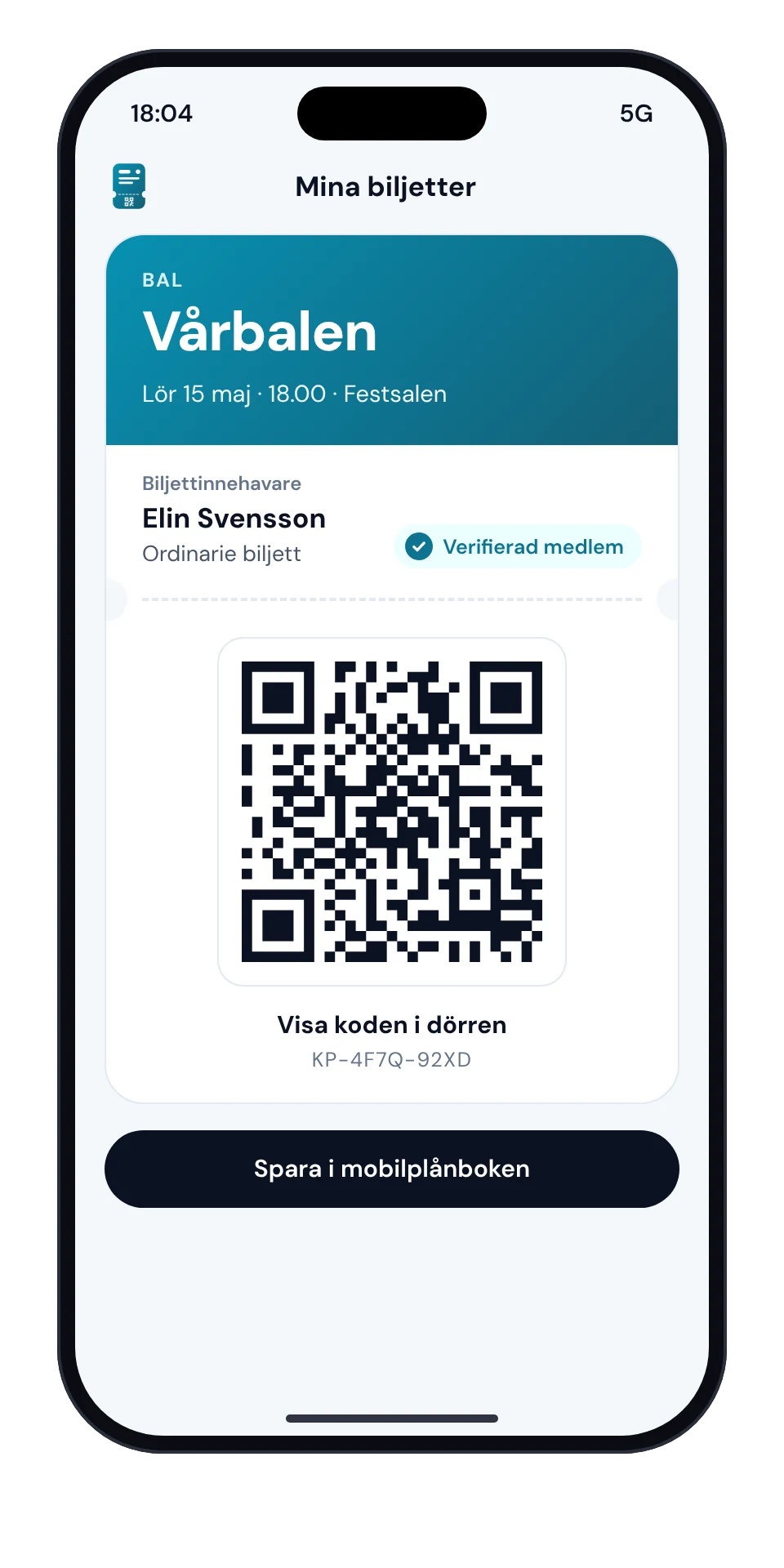 Biljett i mobilen med QR-kod och märket Verifierad medlem