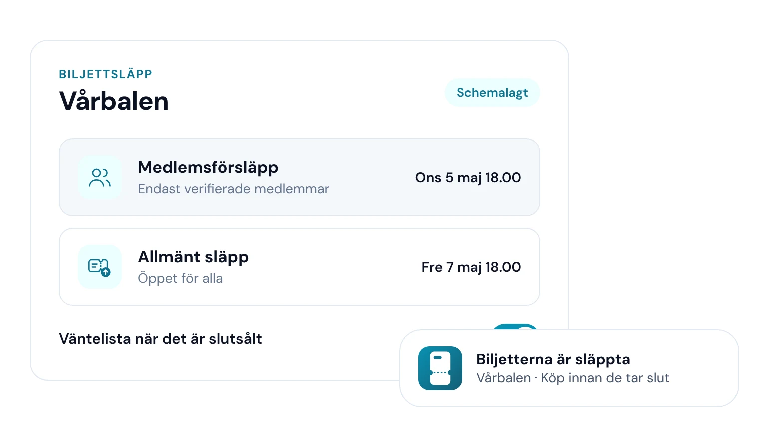 Schemalagt biljettsläpp med medlemsförsläpp och allmänt släpp